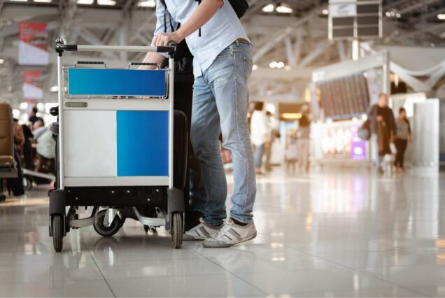 travelers are walking to drag luggage in modern